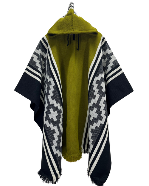 PONCHO ALPACA PREMIUM VERDE GRECAS BLANCAS
