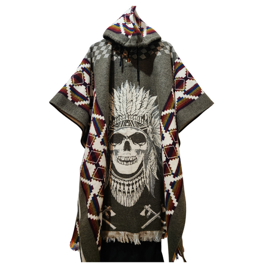 PONCHO ALPACA CALAVERA DE NATIVO AMERICANO GRIS